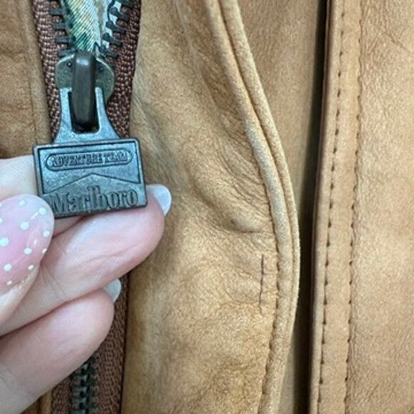 Marlboro Adventure Team Suede Leather Bomber Jacket Map Lining L Vintage 90s - Picture 5 of 8